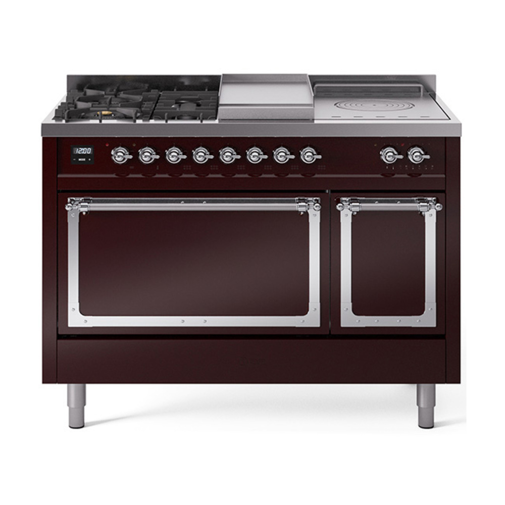 ILVE UN48FSQNMPBUCLP Nostalgie II Noblesse 48" Dual Fuel Range  (5 Sealed Burners + Griddle + French Top, Liquid Propane, Solid Door, Burgundy, Chrome)