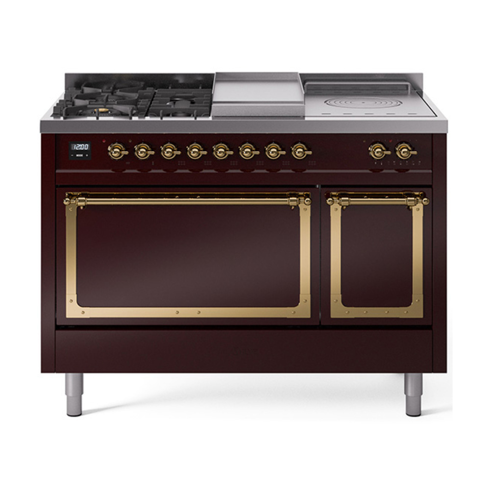 ILVE UN48FSQNMPBUGLP Nostalgie II Noblesse 48" Dual Fuel Range  (5 Sealed Burners + Griddle + French Top, Liquid Propane, Solid Door, Burgundy, Brass)