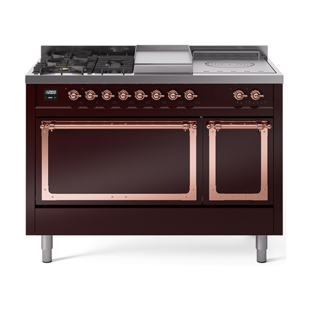 ILVE UN48FSQNMPBUPLP Nostalgie II Noblesse 48" Dual Fuel Range  (5 Sealed Burners + Griddle + French Top, Liquid Propane, Solid Door, Burgundy, Copper)