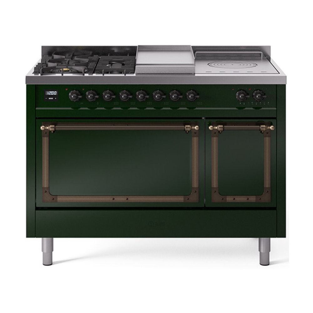 ILVE UN48FSQNMPEGBLP Nostalgie II Noblesse 48" Dual Fuel Range  (5 Sealed Burners + Griddle + French Top, Liquid Propane, Solid Door, Emerald Green, Bronze)