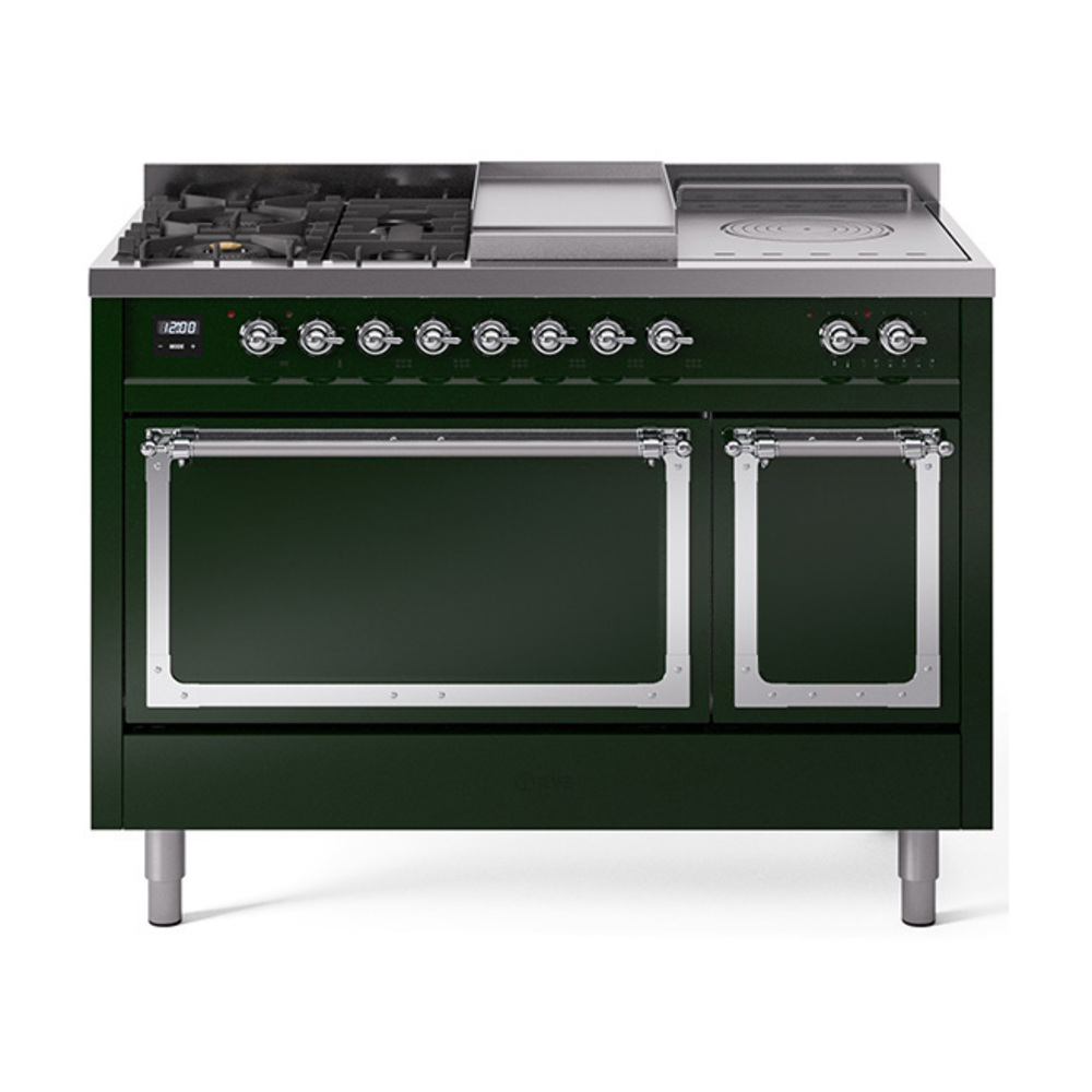 ILVE UN48FSQNMPEGCLP Nostalgie II Noblesse 48" Dual Fuel Range  (5 Sealed Burners + Griddle + French Top, Liquid Propane, Solid Door, Emerald Green, Chrome)