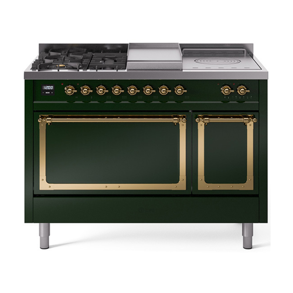 ILVE UN48FSQNMPEGGLP Nostalgie II Noblesse 48" Dual Fuel Range  (5 Sealed Burners + Griddle + French Top, Liquid Propane, Solid Door, Emerald Green, Brass)