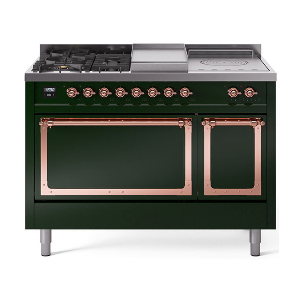 ILVE UN48FSQNMPEGPLP Nostalgie II Noblesse 48" Dual Fuel Range  (5 Sealed Burners + Griddle + French Top, Liquid Propane, Solid Door, Emerald Green, Copper)