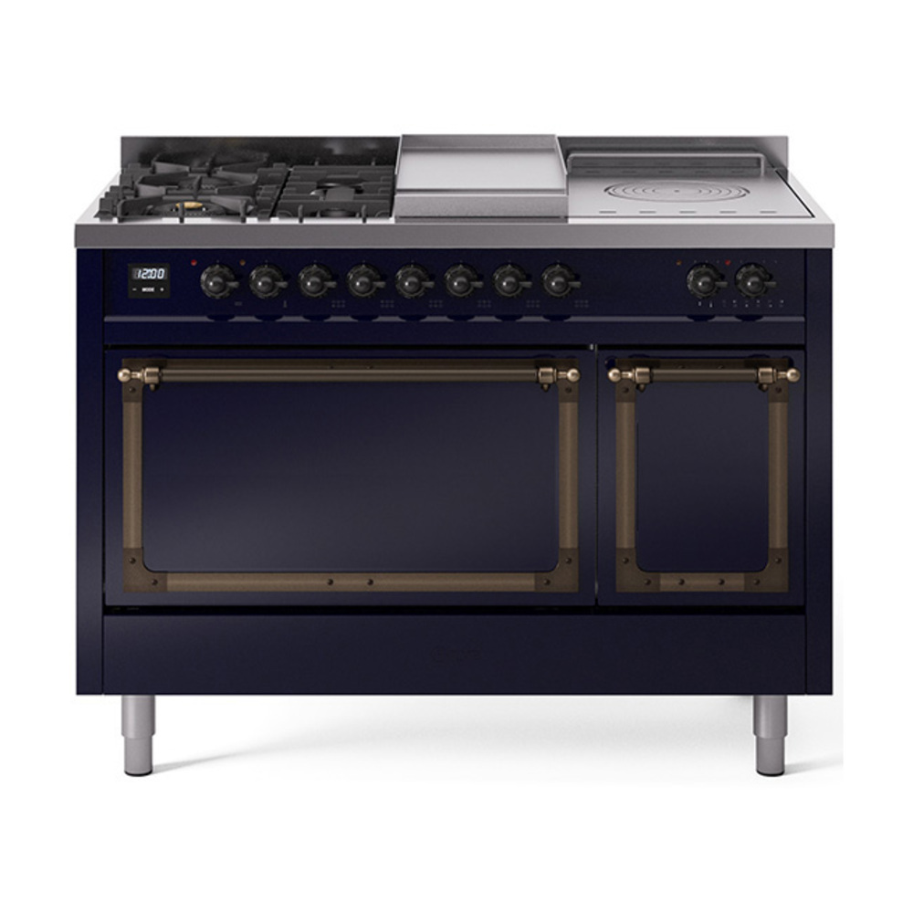 ILVE UN48FSQNMPMBBLP Nostalgie II Noblesse 48" Dual Fuel Range  (5 Sealed Burners + Griddle + French Top, Liquid Propane, Solid Door, Midnight Blue, Bronze)