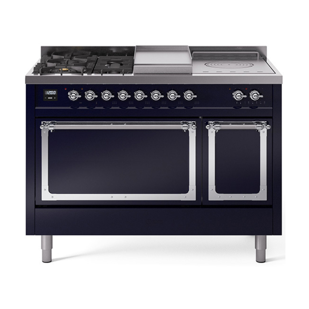 ILVE UN48FSQNMPMBCLP Nostalgie II Noblesse 48" Dual Fuel Range  (5 Sealed Burners + Griddle + French Top, Liquid Propane, Solid Door, Midnight Blue, Chrome)