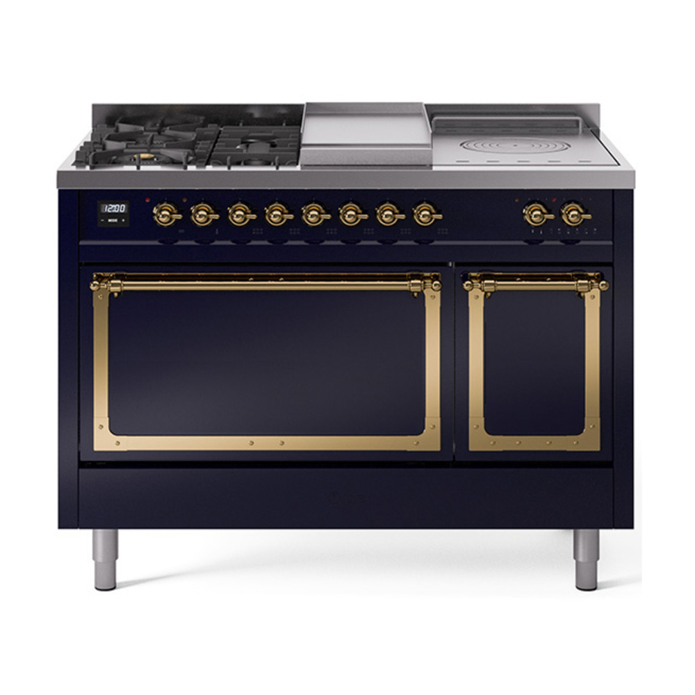 ILVE UN48FSQNMPMBGLP Nostalgie II Noblesse 48" Dual Fuel Range  (5 Sealed Burners + Griddle + French Top, Liquid Propane, Solid Door, Midnight Blue, Brass)