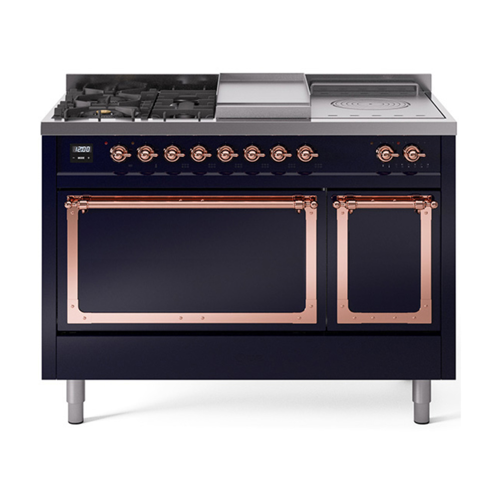 ILVE UN48FSQNMPMBPLP Nostalgie II Noblesse 48" Dual Fuel Range  (5 Sealed Burners + Griddle + French Top, Liquid Propane, Solid Door, Midnight Blue, Copper)