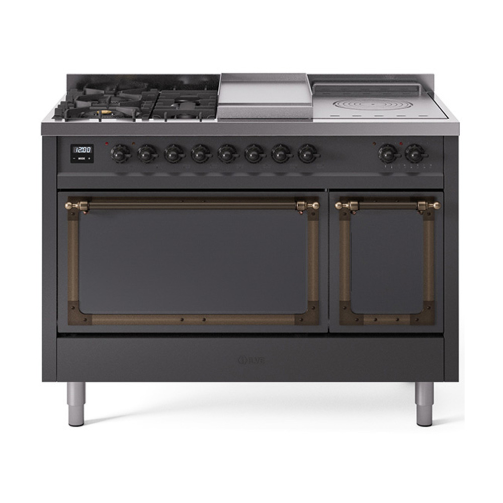 ILVE UN48FSQNMPMGBLP Nostalgie II Noblesse 48" Dual Fuel Range  (5 Sealed Burners + Griddle + French Top, Liquid Propane, Solid Door, Graphite Matte, Burnished)