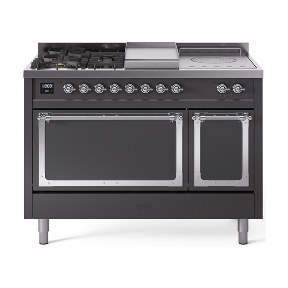 ILVE UN48FSQNMPMGCLP Nostalgie II Noblesse 48" Dual Fuel Range  (5 Sealed Burners + Griddle + French Top, Liquid Propane, Solid Door, Graphite Matte, Chrome)