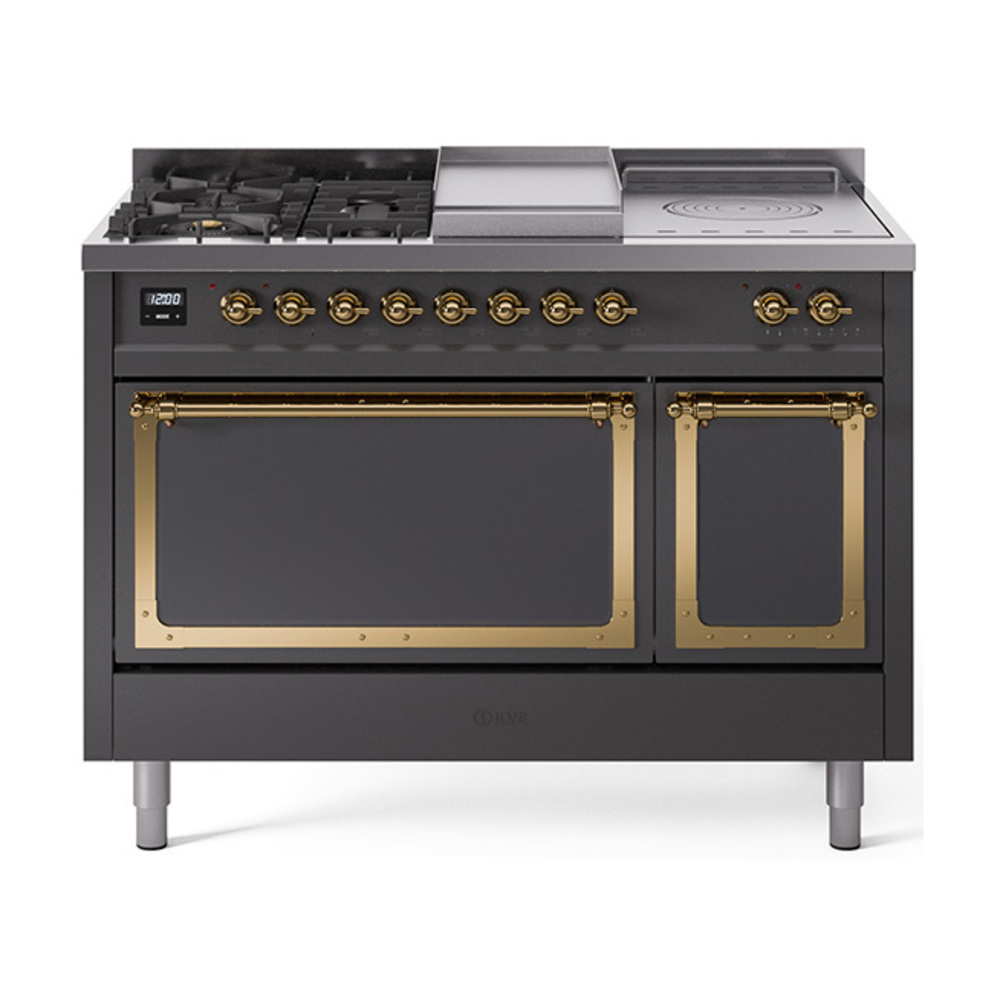 ILVE UN48FSQNMPMGGLP Nostalgie II Noblesse 48" Dual Fuel Range  (5 Sealed Burners + Griddle + French Top, Liquid Propane, Solid Door, Graphite Matte, Brass)