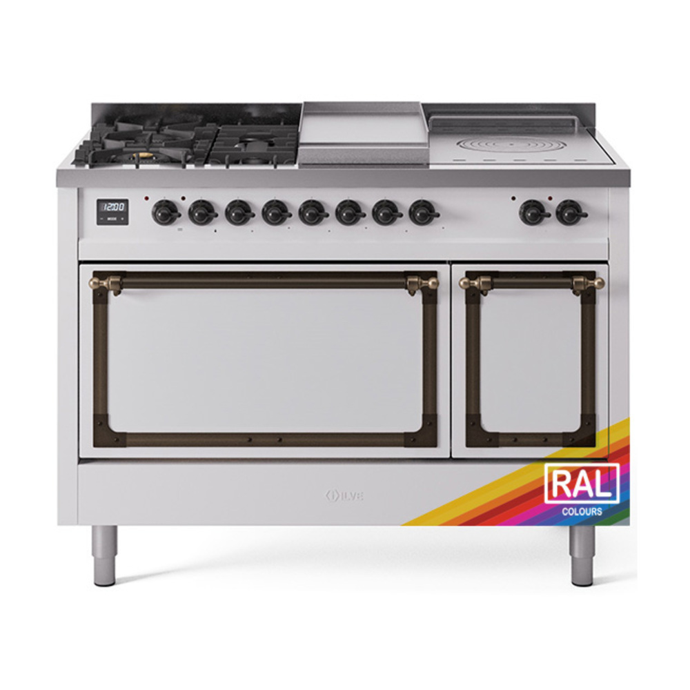 ILVE UN48FSQNMPRABLP Nostalgie II Noblesse 48" Dual Fuel Range  (5 Sealed Burners + Griddle + French Top, Liquid Propane, Solid Door, RAL, Burnished)