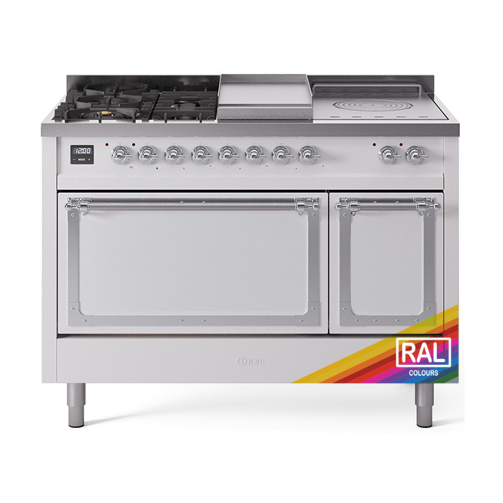 ILVE UN48FSQNMPRACLP Nostalgie II Noblesse 48" Dual Fuel Range  (5 Sealed Burners + Griddle + French Top, Liquid Propane, Solid Door, RAL, Chrome)