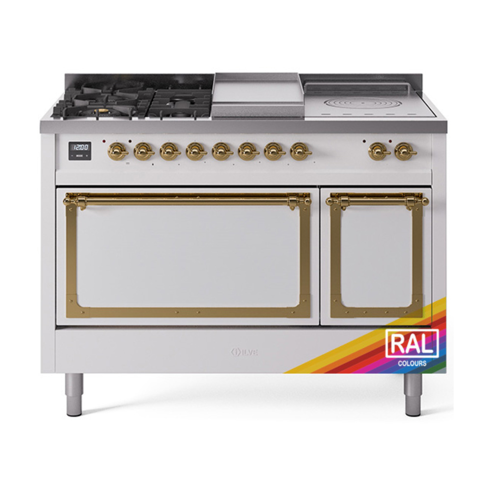 ILVE UN48FSQNMPRAGLP Nostalgie II Noblesse 48" Dual Fuel Range  (5 Sealed Burners + Griddle + French Top, Liquid Propane, Solid Door, RAL, Brass)