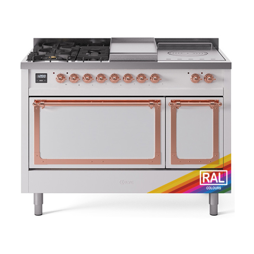 ILVE UN48FSQNMPRAPLP Nostalgie II Noblesse 48" Dual Fuel Range  (5 Sealed Burners + Griddle + French Top, Liquid Propane, Solid Door, RAL, Copper)