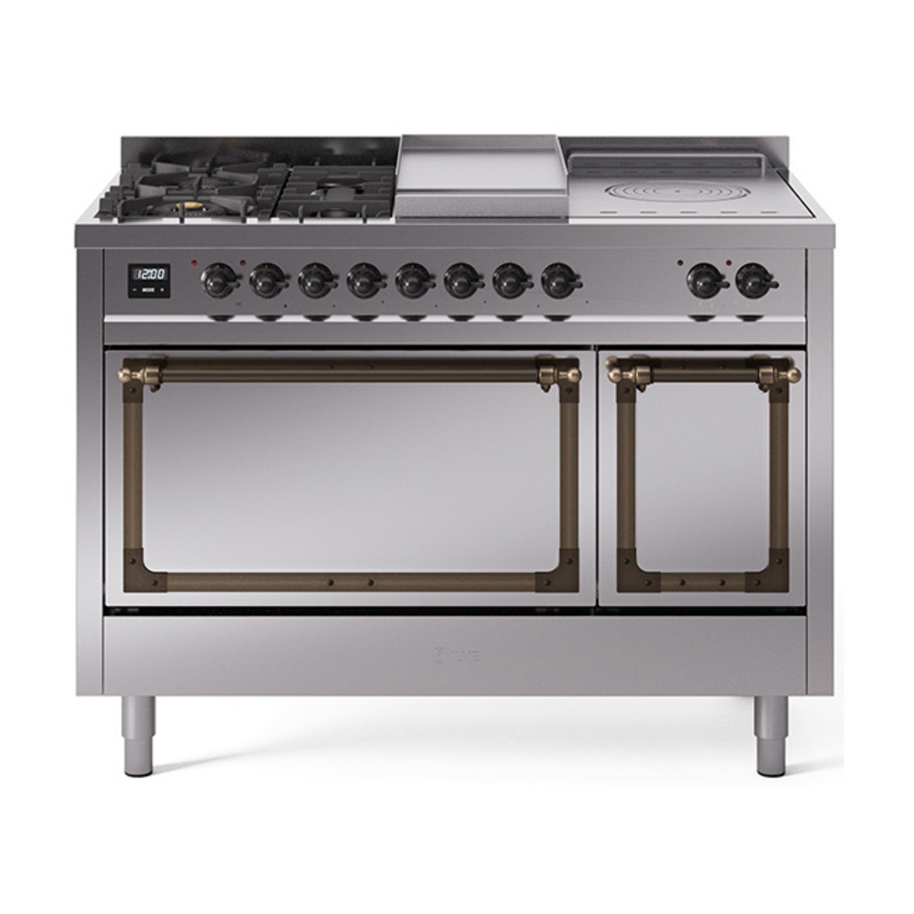 ILVE UN48FSQNMPSSBLP Nostalgie II Noblesse 48" Dual Fuel Range  (5 Sealed Burners + Griddle + French Top, Liquid Propane, Solid Door, Stainless Steel, Burnished)