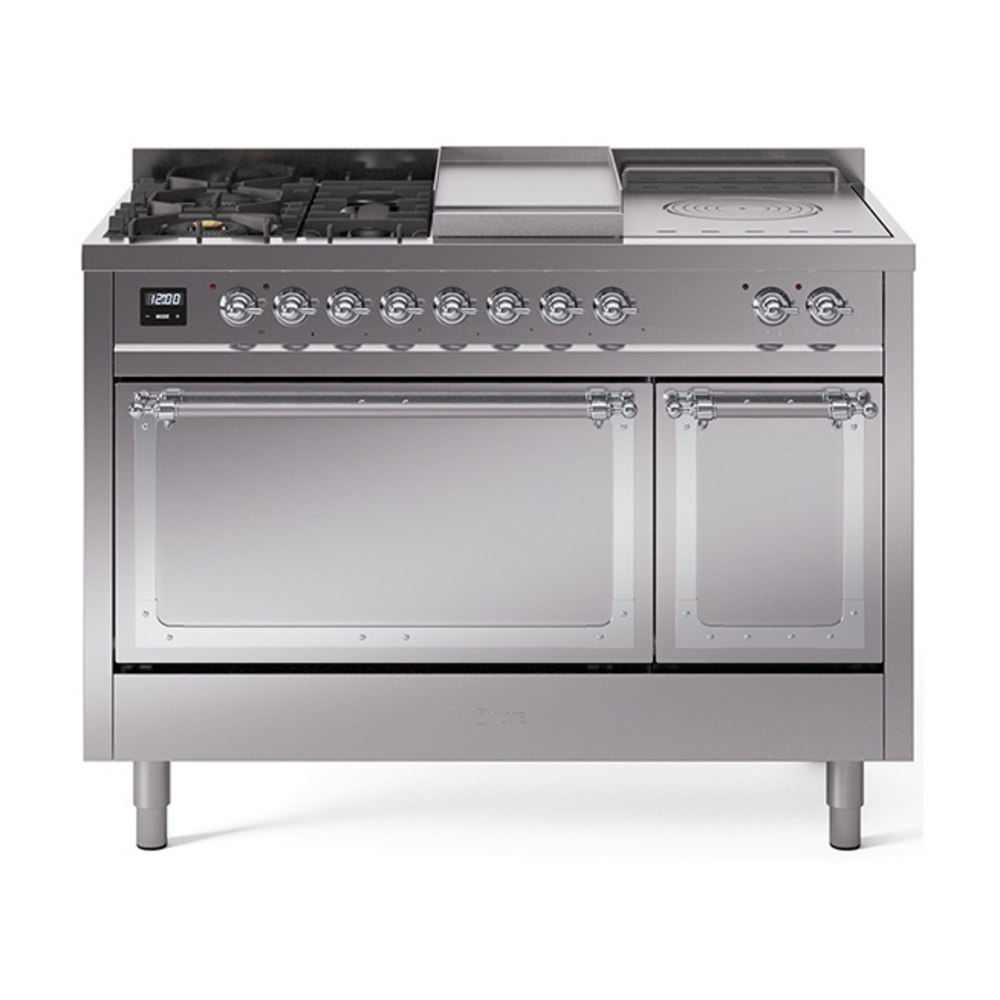 ILVE UN48FSQNMPSSCLP Nostalgie II Noblesse 48" Dual Fuel Range  (5 Sealed Burners + Griddle + French Top, Liquid Propane, Solid Door, Stainless Steel, Chrome)