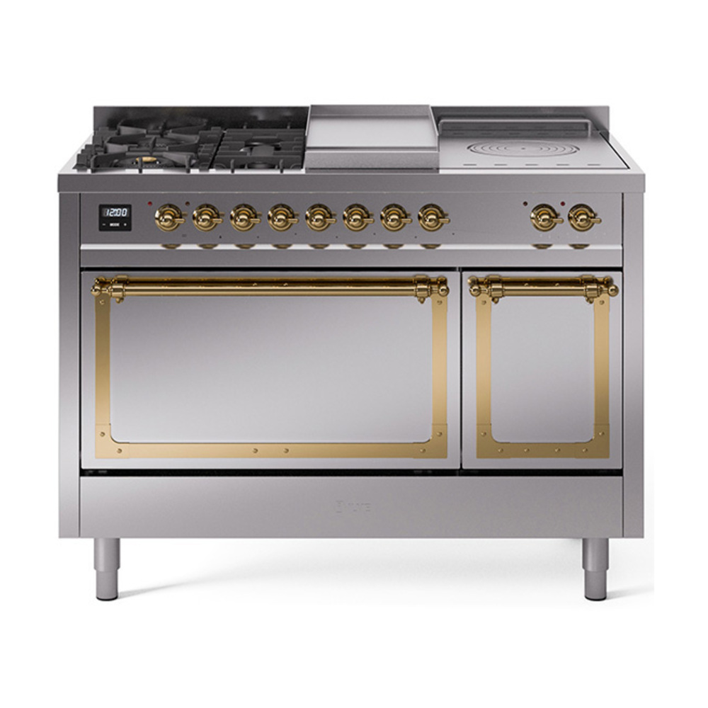 ILVE UN48FSQNMPSSGLP Nostalgie II Noblesse 48" Dual Fuel Range  (5 Sealed Burners + Griddle + French Top, Liquid Propane, Solid Door, Stainless Steel, Brass)