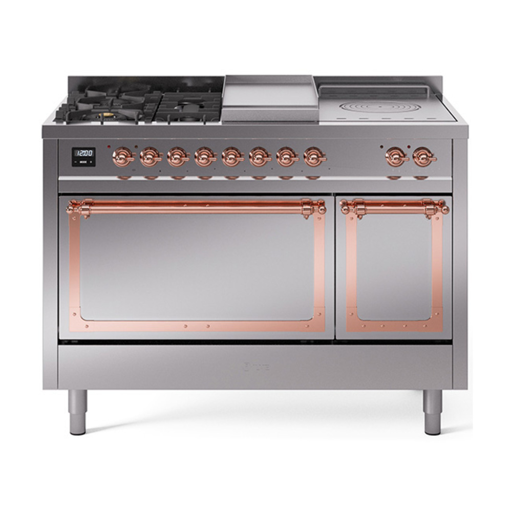 ILVE UN48FSQNMPSSPLP Nostalgie II Noblesse 48" Dual Fuel Range  (5 Sealed Burners + Griddle + French Top, Liquid Propane, Solid Door, Stainless Steel, Copper)