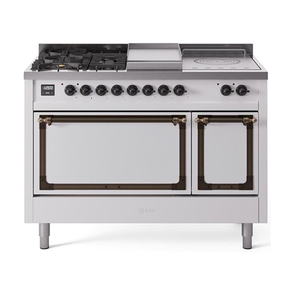 ILVE UN48FSQNMPWHB Nostalgie II Noblesse 48" Dual Fuel Range  (5 Sealed Burners + Griddle + French Top, Natural Gas, Solid Door, White, Bronze)