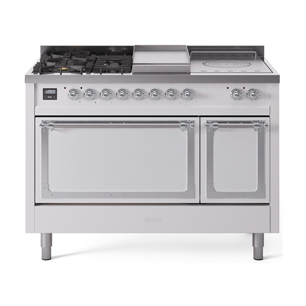 ILVE UN48FSQNMPWHCLP Nostalgie II Noblesse 48" Dual Fuel Range  (5 Sealed Burners + Griddle + French Top, Liquid Propane, Solid Door, White, Chrome)