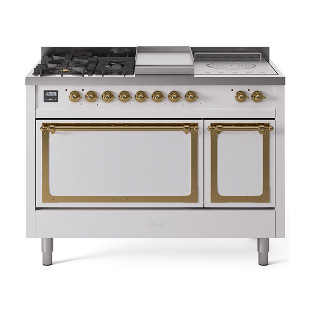 ILVE UN48FSQNMPWHGLP Nostalgie II Noblesse 48" Dual Fuel Range  (5 Sealed Burners + Griddle + French Top, Liquid Propane, Solid Door, White, Brass)