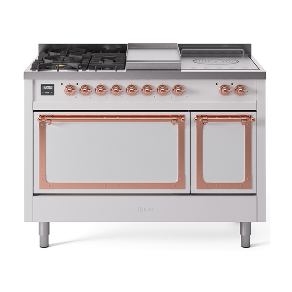 ILVE UN48FSQNMPWHPLP Nostalgie II Noblesse 48" Dual Fuel Range  (5 Sealed Burners + Griddle + French Top, Liquid Propane, Solid Door, White, Copper)