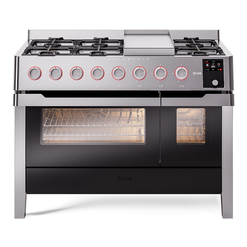 ILVE UPM12FDS3SSLP Panoramagic 48" Dual Fuel Range with 8 Burners and Griddle, 5.02 cu. ft. Total Oven Capacity (Liquid Propane)