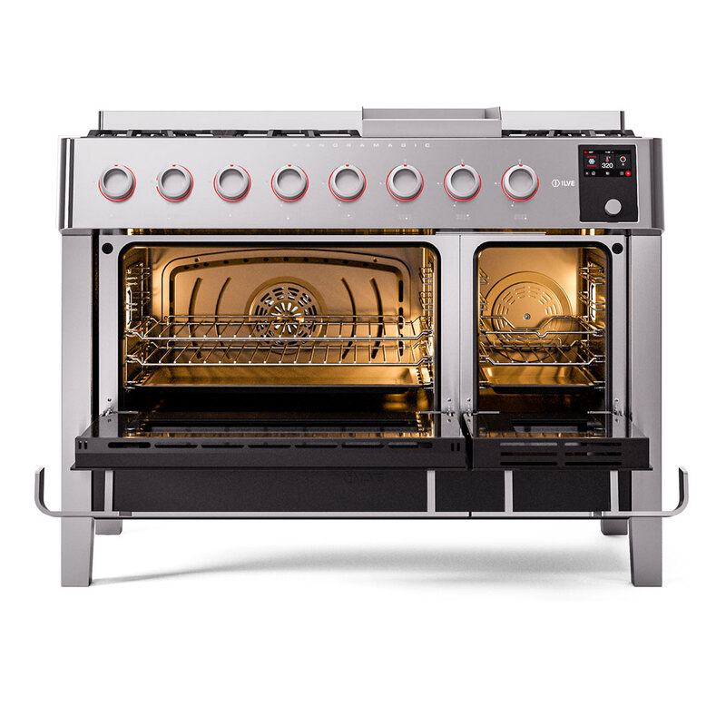 ILVE UPM12FDS3SSLP Panoramagic 48" Dual Fuel Range, oven doors opened