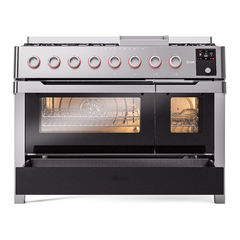 ILVE UPM12FDS3SSLP Panoramagic 48" Dual Fuel Range, drawer opened