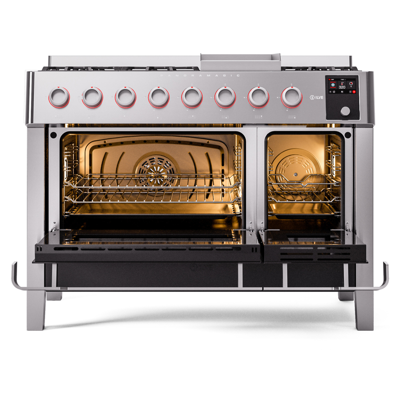 ILVE UPM12FDS3SS Panoramagic 48" Dual Fuel Range, oven doors opened