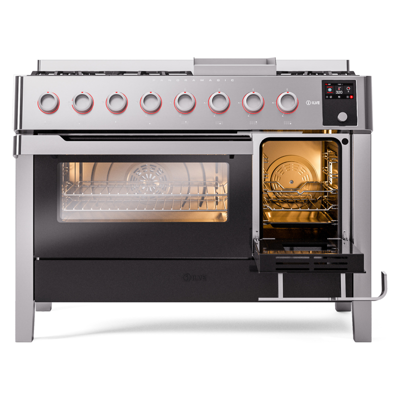 ILVE UPM12FDS3SS Panoramagic 48" Dual Fuel Range, side oven door opened