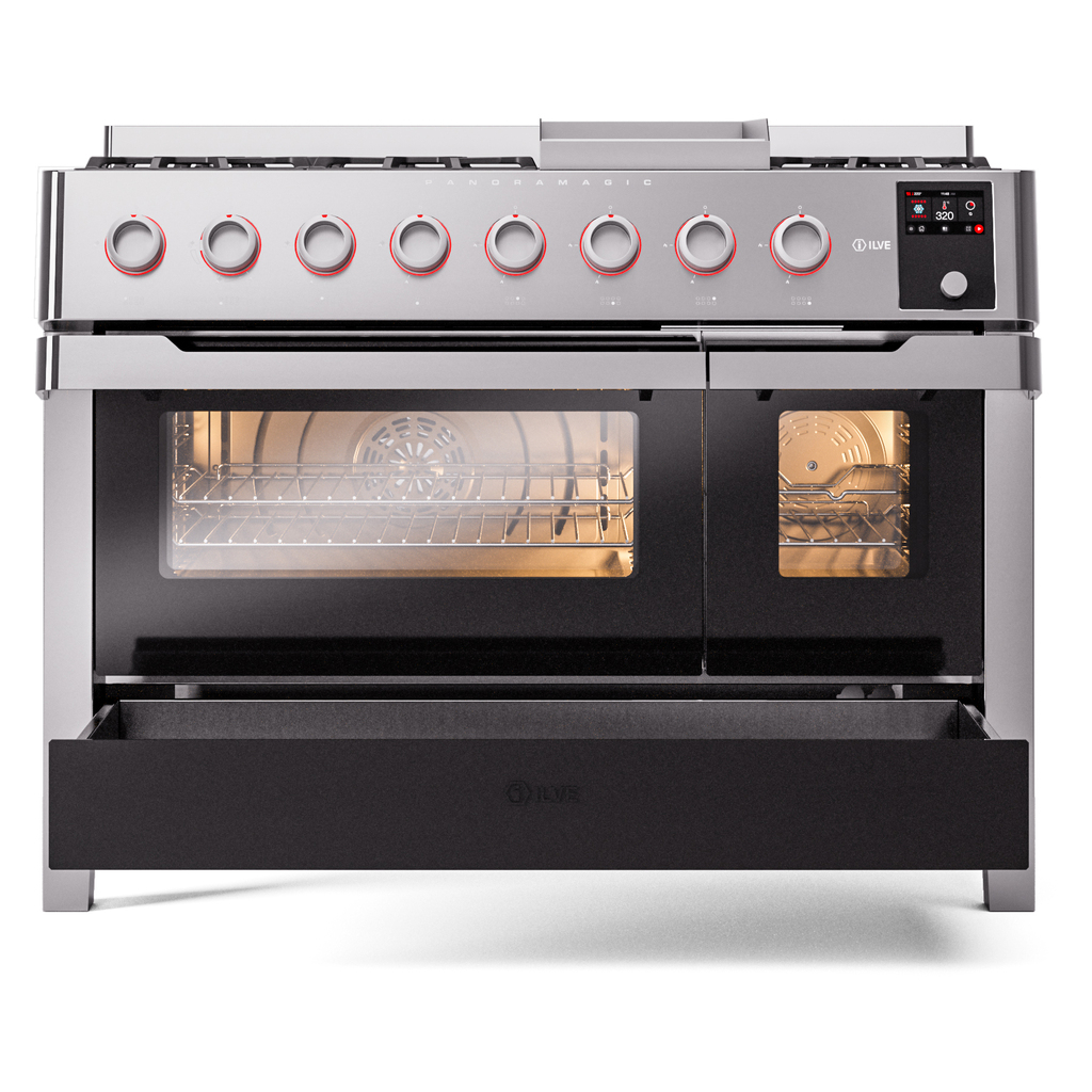 ILVE UPM12FDS3SS Panoramagic 48" Dual Fuel Range, drawer opened