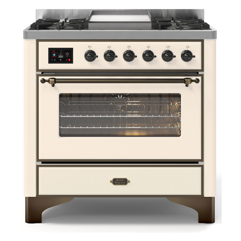 ILVE UM09FDNS3AWBLP Majestic II 36" Dual Fuel Range  (Antique White, Burnished, Liquid Propane, Triple Glass Door)