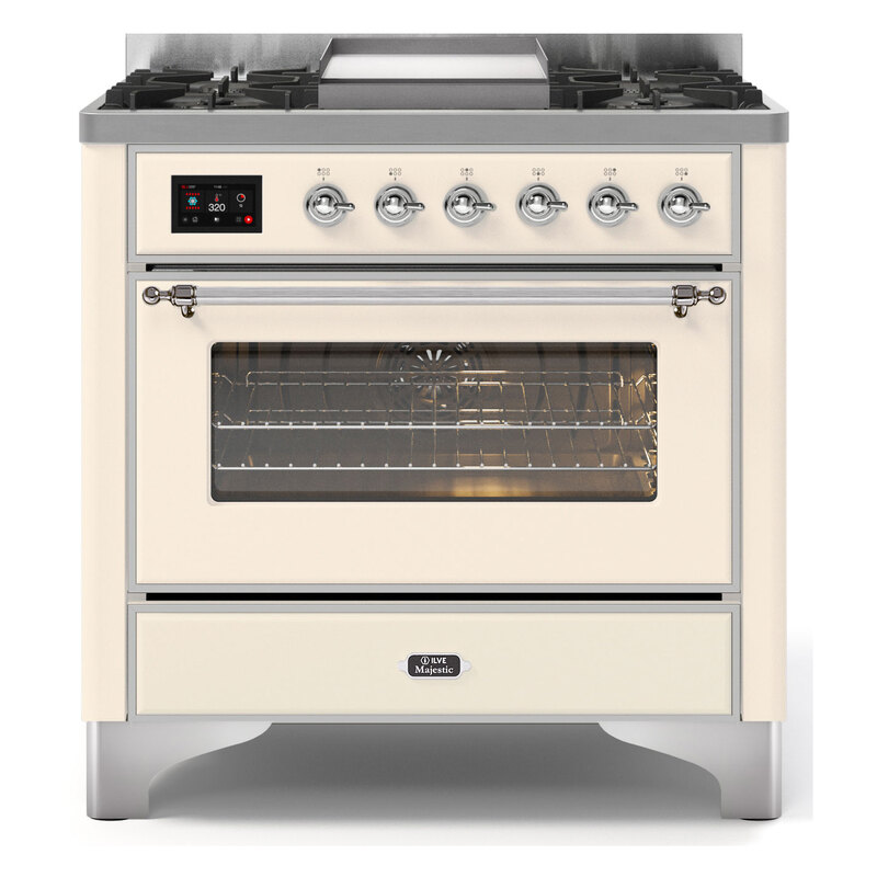 ILVE UM09FDNS3AWCLP Majestic II 36" Dual Fuel Range  (Antique White, Chrome, Liquid Propane, Triple Glass Door)