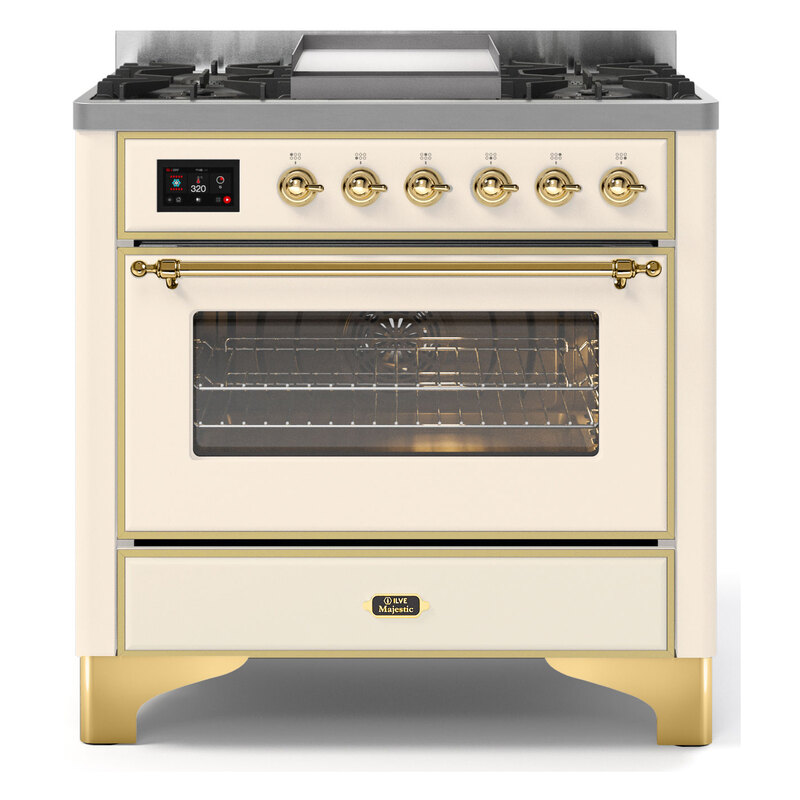 ILVE UM09FDNS3AWGLP Majestic II 36" Dual Fuel Range  (Antique White, Brass, Liquid Propane, Triple Glass Door)