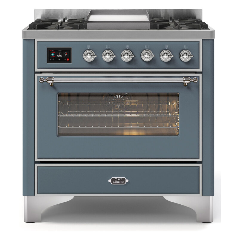 ILVE UM09FDNS3BGCLP Majestic II 36" Dual Fuel Range  (Blue Grey, Chrome, Liquid Propane, Triple Glass Door)