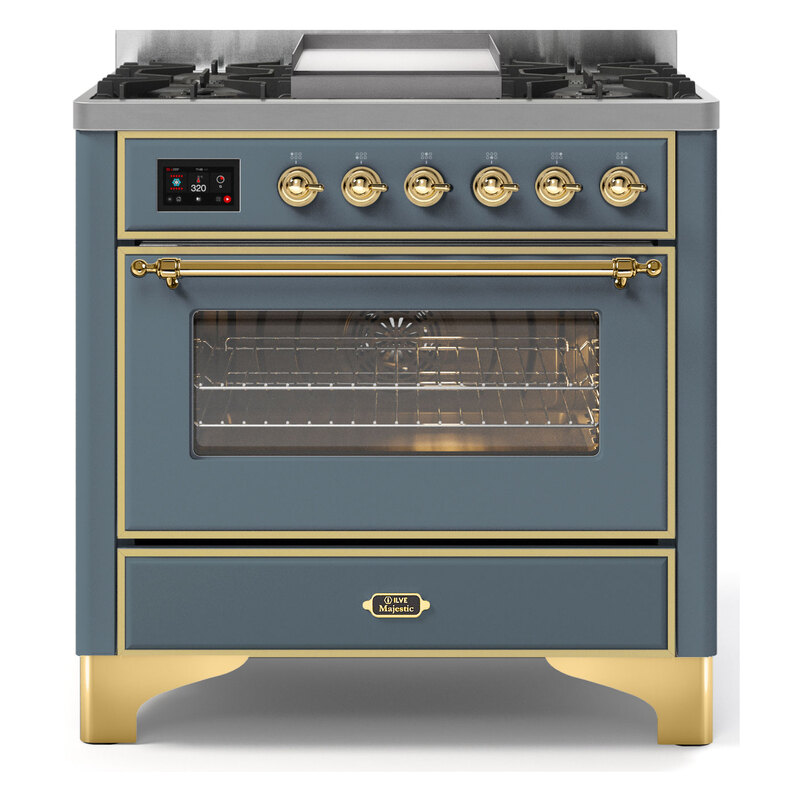 ILVE UM09FDNS3BGGLP Majestic II 36" Dual Fuel Range  (Blue Grey, Brass, Liquid Propane, Triple Glass Door)