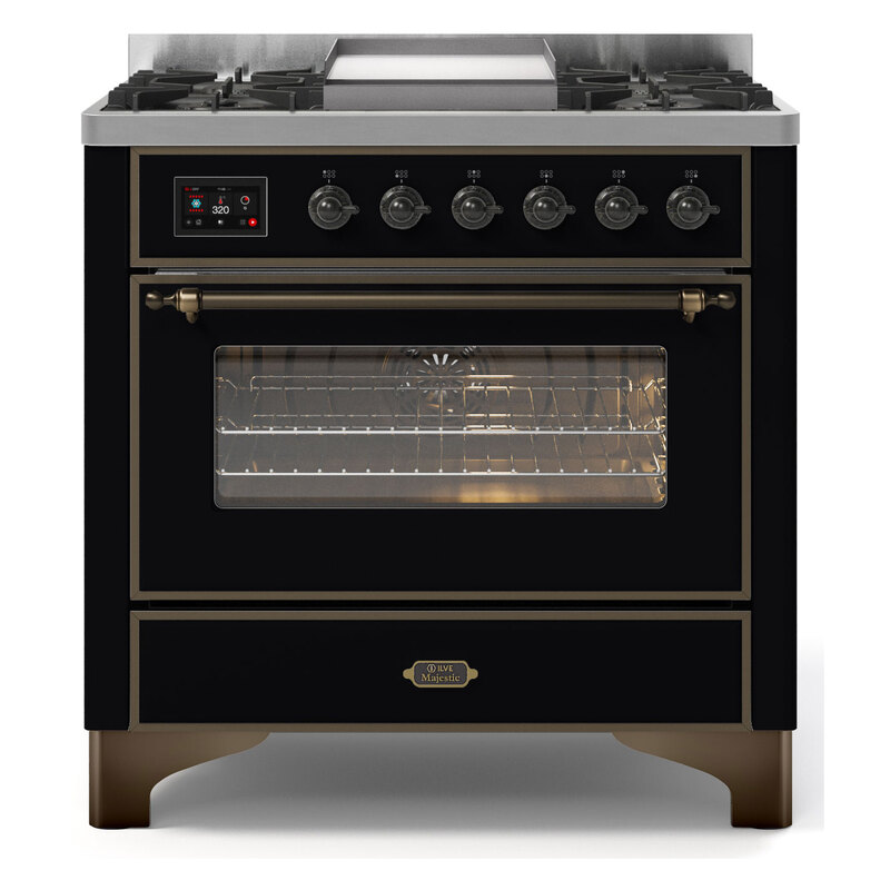 ILVE UM09FDNS3BKBLP Majestic II 36" Dual Fuel Range  (Glossy Black, Burnished, Liquid Propane, Triple Glass Door)