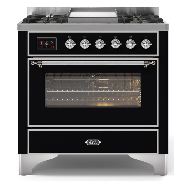 ILVE UM09FDNS3BKCLP Majestic II 36" Dual Fuel Range  (Glossy Black, Chrome, Liquid Propane, Triple Glass Door)