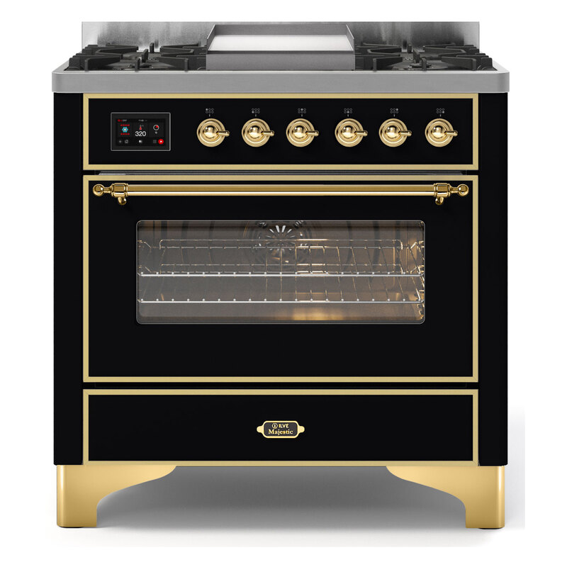 ILVE UM09FDNS3BKGLP Majestic II 36" Dual Fuel Range  (Glossy Black, Brass, Liquid Propane, Triple Glass Door)