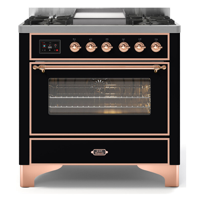 ILVE UM09FDNS3BKPLP Majestic II 36" Dual Fuel Range  (Glossy Black, Copper, Liquid Propane, Triple Glass Door)