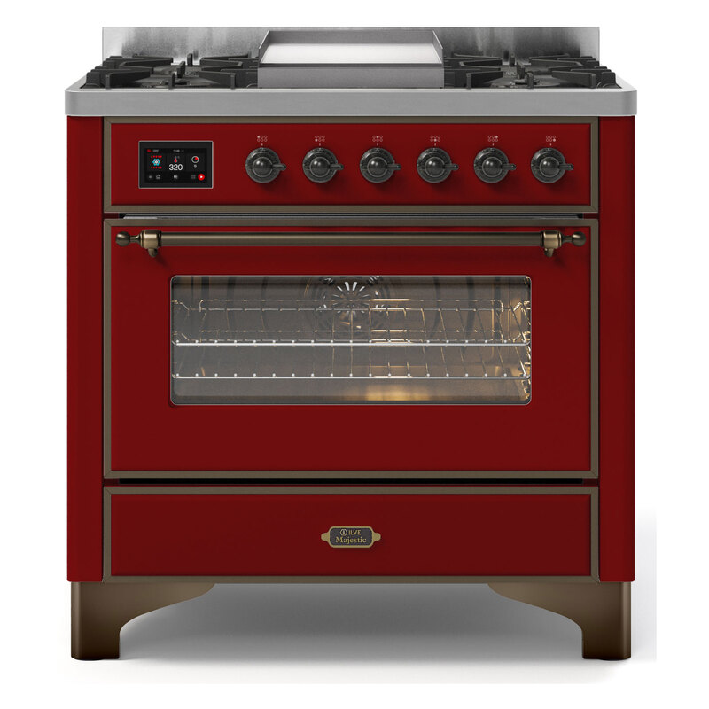 ILVE UM09FDNS3BUBLP Majestic II 36" Dual Fuel Range  (Burgundy, Burnished, Liquid Propane, Triple Glass Door)