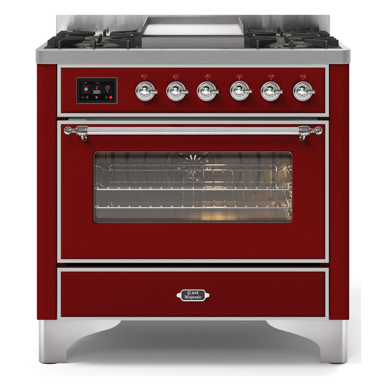 ILVE UM09FDNS3BUCLP Majestic II 36" Dual Fuel Range  (Burgundy, Chrome, Liquid Propane, Triple Glass Door)