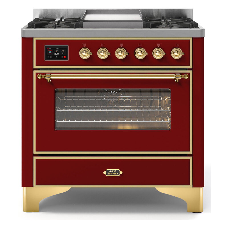 ILVE UM09FDNS3BUGLP Majestic II 36" Dual Fuel Range  (Burgundy, Brass, Liquid Propane, Triple Glass Door)