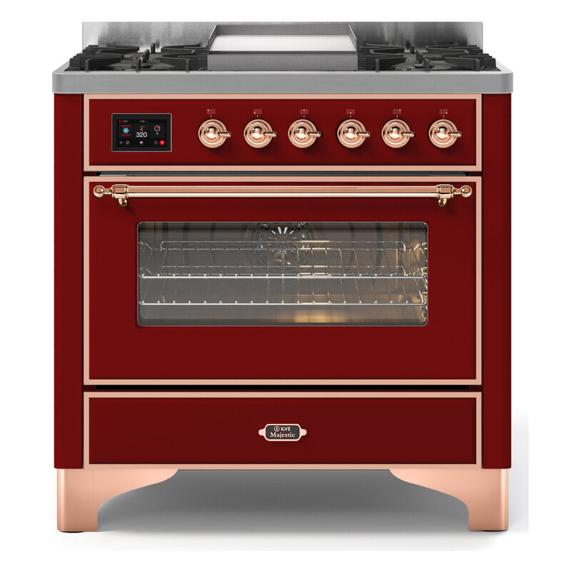 ILVE UM09FDNS3BUPLP Majestic II 36" Dual Fuel Range  (Burgundy, Copper, Liquid Propane, Triple Glass Door)