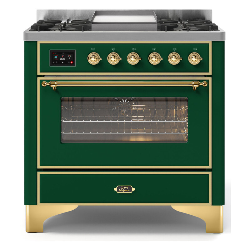 ILVE UM09FDNS3EGGLP Majestic II 36" Dual Fuel Range  (Emerald Green, Brass, Liquid Propane, Triple Glass Door)