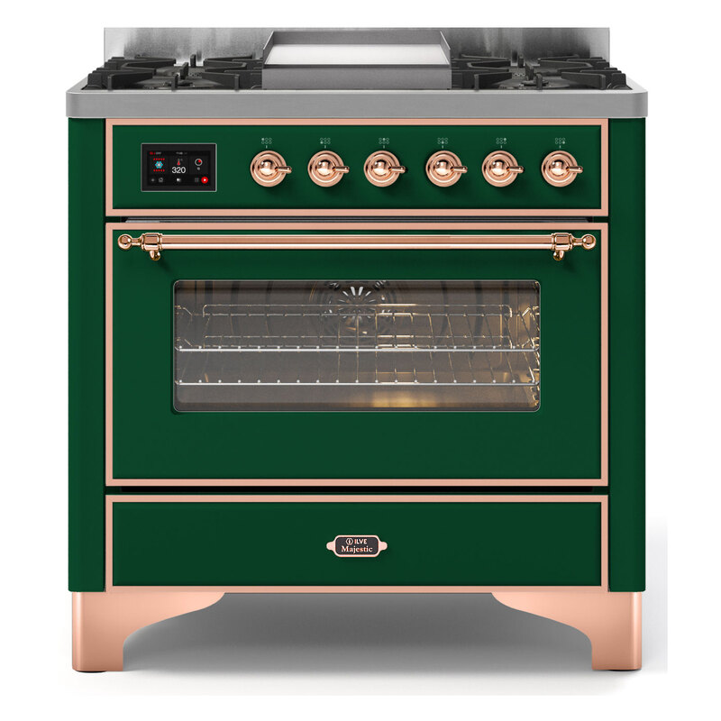 ILVE UM09FDNS3EGPLP Majestic II 36" Dual Fuel Range  (Emerald Green, Copper, Liquid Propane, Triple Glass Door)