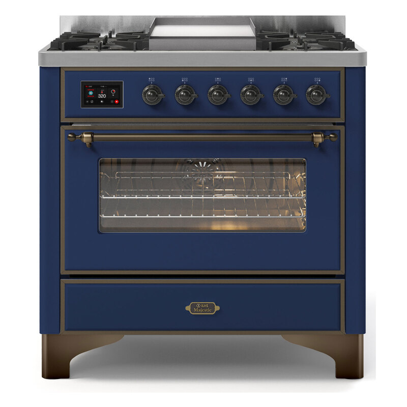 ILVE UM09FDNS3MBBLP Majestic II 36" Dual Fuel Range  (Midnight Blue, Burnished, Liquid Propane, Triple Glass Door)