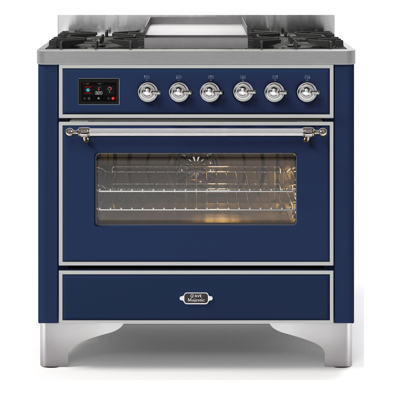 ILVE UM09FDNS3MBCLP Majestic II 36" Dual Fuel Range  (Midnight Blue, Chrome, Liquid Propane, Triple Glass Door)