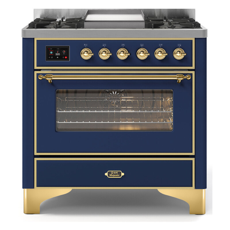 ILVE UM09FDNS3MBGLP Majestic II 36" Dual Fuel Range  (Midnight Blue, Brass, Liquid Propane, Triple Glass Door)